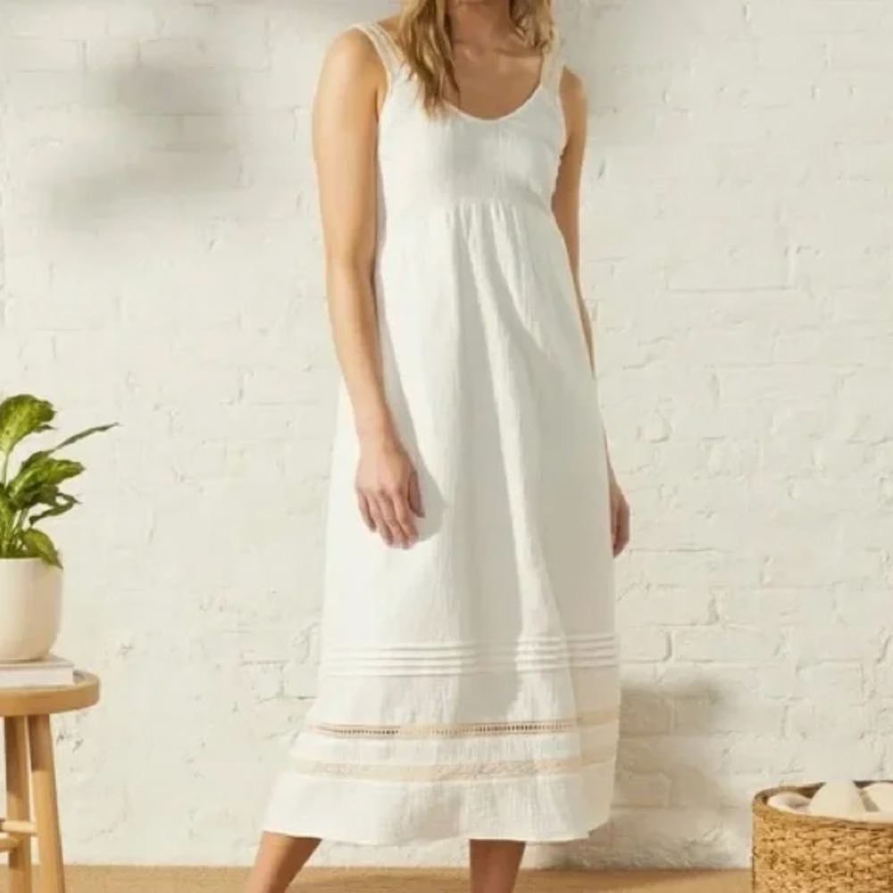 UpWest Plisse White Crochet Lace Detail Soft 100% Organic Cotton Maxi Dress M - Picture 1 of 16